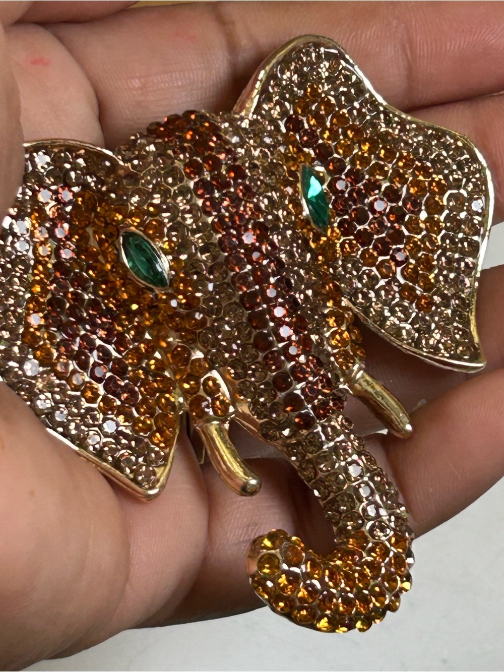 Sparkling Elephant Brooch with Amber Rhinestones
